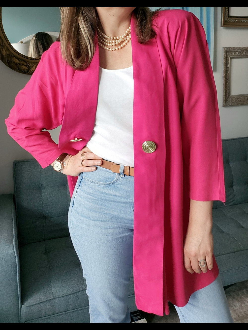 Vintage Women’s Hot Pink Long Blazer Jacket - Classic Open Front